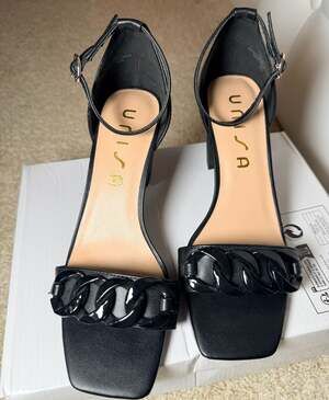 Unisa Denny Black Block Heel Sandals with Chain Detail